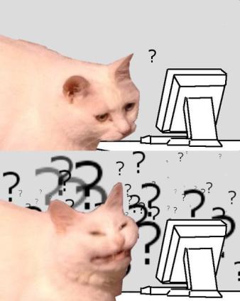 Angry cat behind computer becomes confused — Reaction meme
