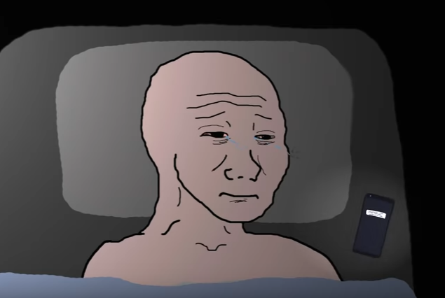Pinkish wojak laying in bed sad — Wojak meme
