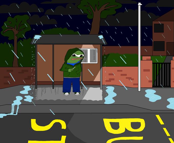 Pepe waiting at raining bus stop — Pepe meme