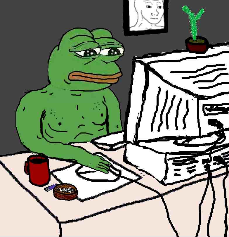 Pepe sad behind computer — Pepe meme