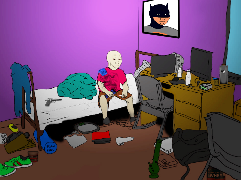 Wojak trying to get fit in room — Wojak meme