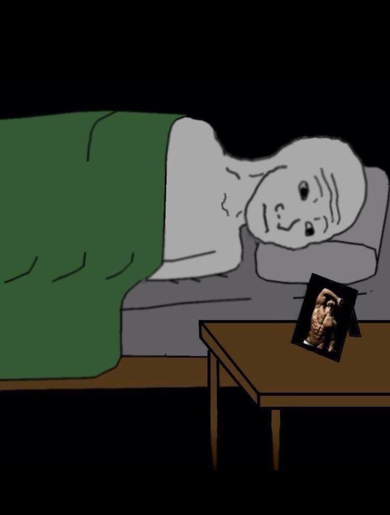 Wojak in bed thinking about zyzz — Wojak meme