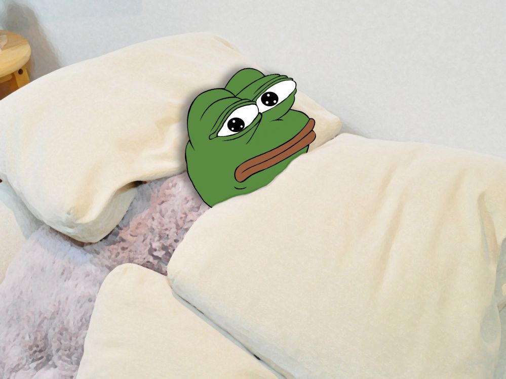 Pepe in bed under covers scared — Pepe meme