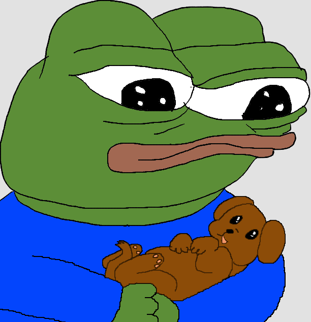 Pepe cradles small puppy — Pepe meme