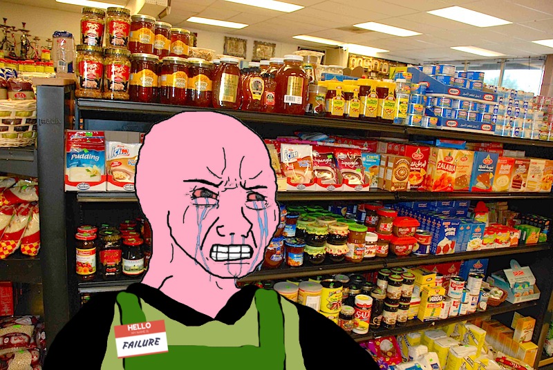 Pink wojak stocking shelves — Wojak meme