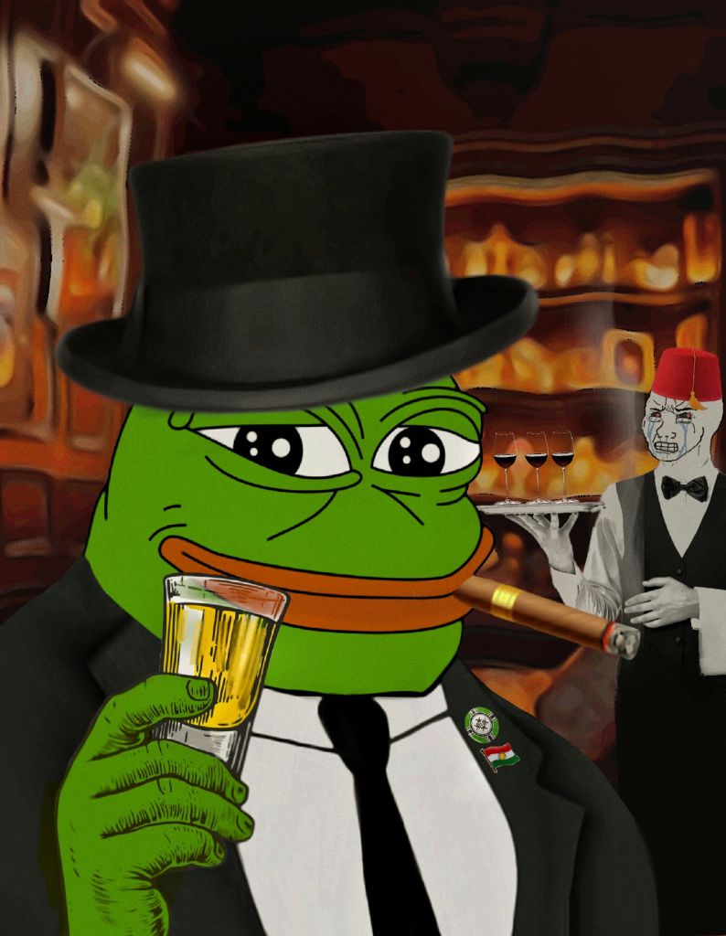 Pepe fancy smoking cigar served by seething wojak — Pepe meme