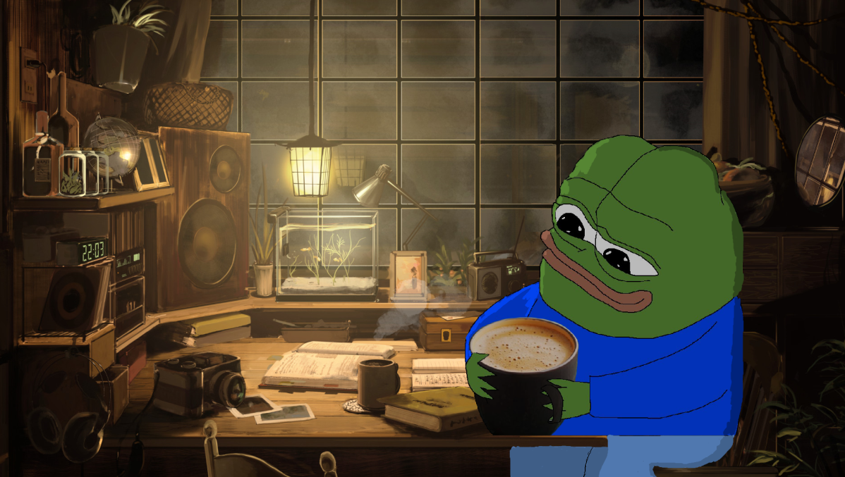 Pepe drinking coffee in workshop — Pepe meme