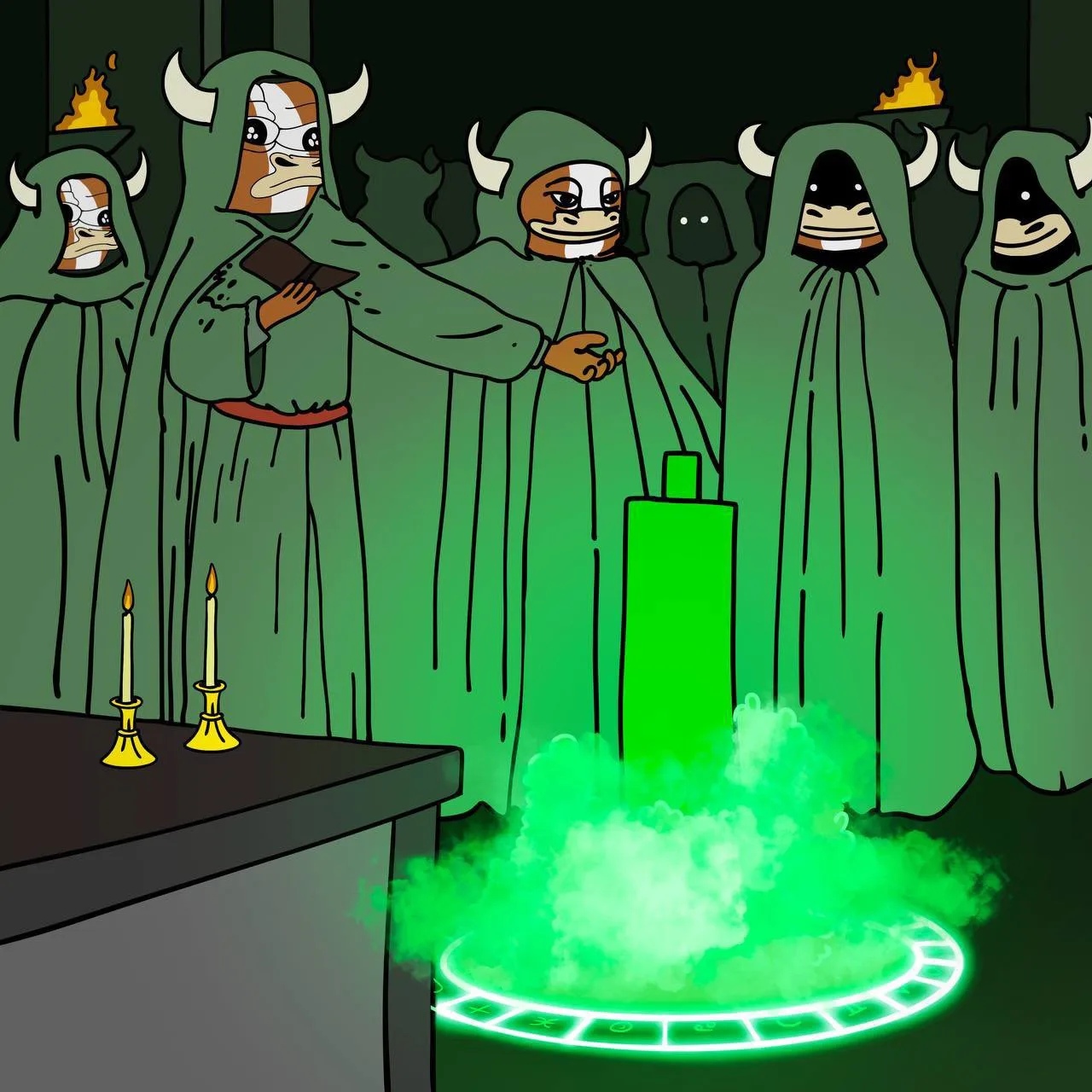 Hooded bull cultists ritually conjure a glowing green candle — Reaction meme