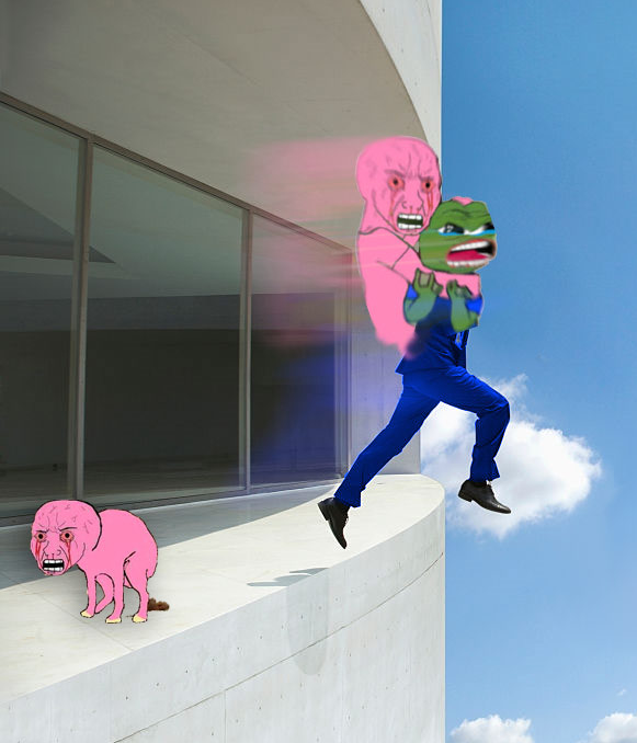 Pepe jumps off roof pink wojak holding on — Pepe meme