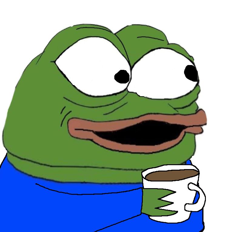 Pepe drinking coffee excited big eyes — Pepe meme