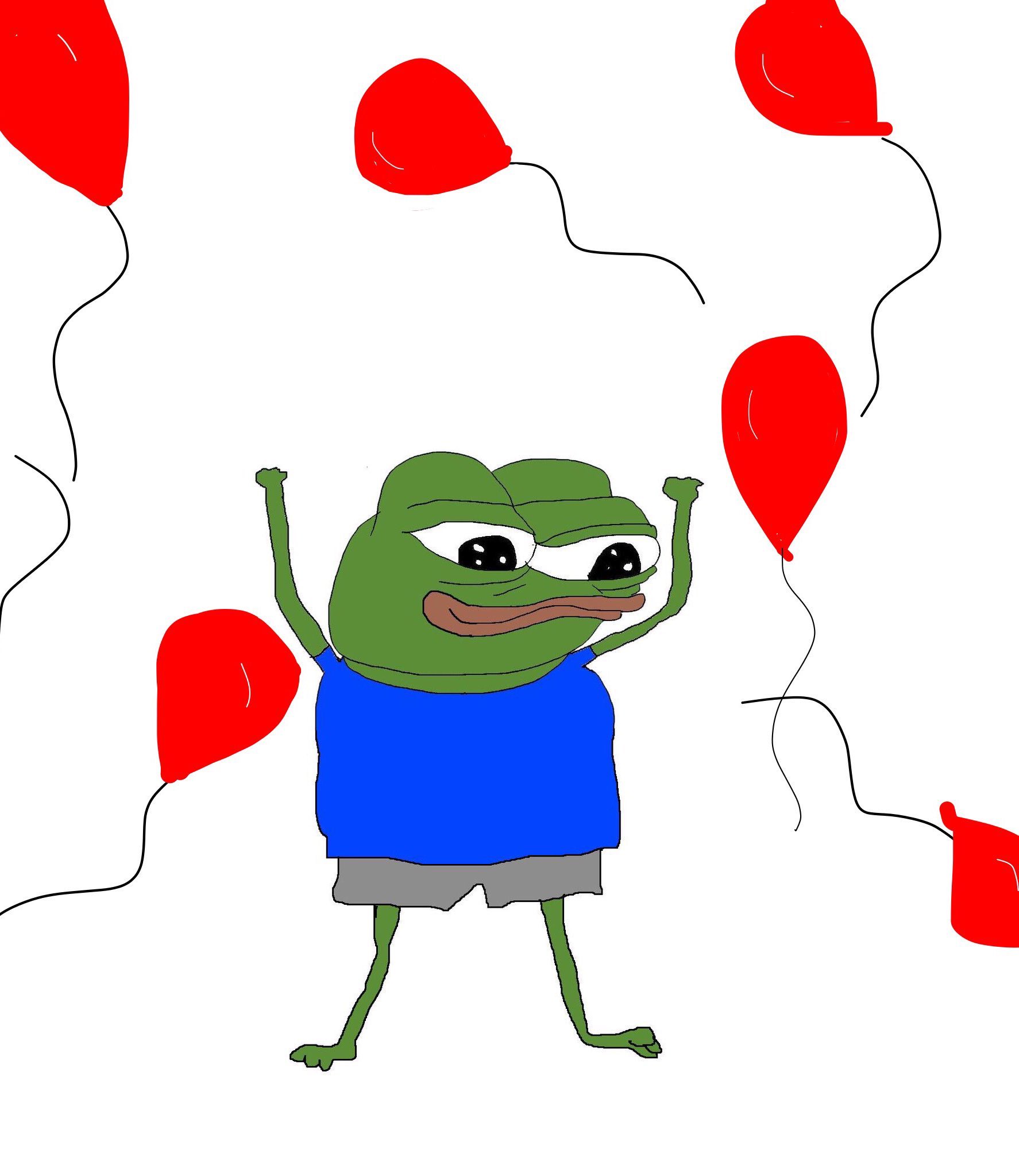 Pepe happy surrounded by red balloons — Pepe meme