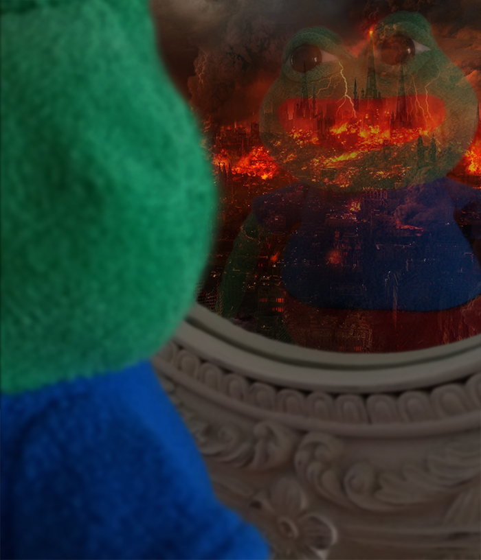 Pepe plush watches city burn — Pepe meme
