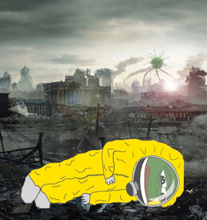 Pepe hazmat suit sad laying down — Pepe meme