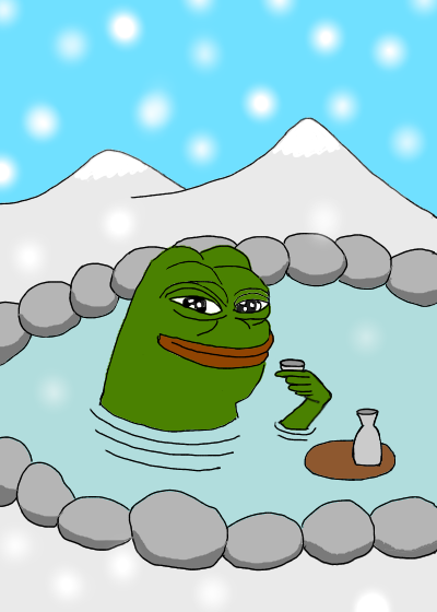 Pepe smug drinking in hot spring — Pepe meme