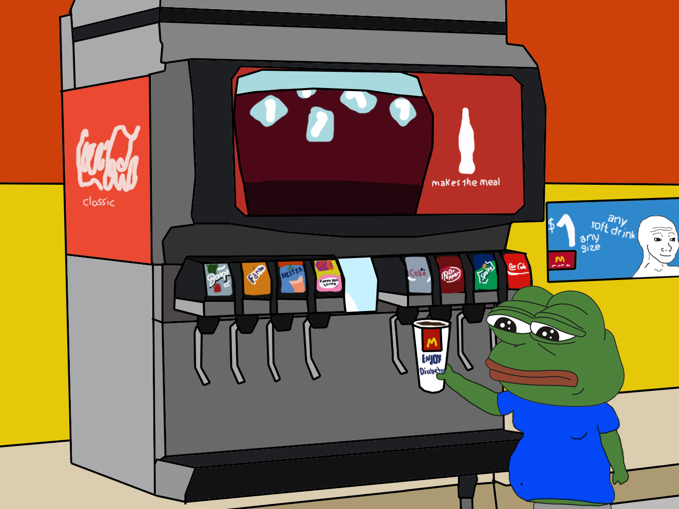 Pepe sad getting drinks from soda fountain — Pepe meme