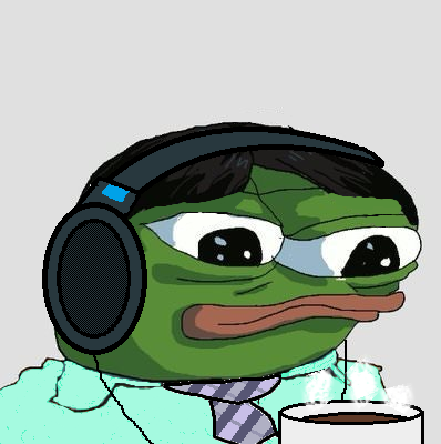 Pepe office worker coffee headphones — Pepe meme