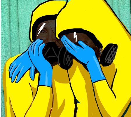 Girls laughing in hazmat suits — Reaction meme