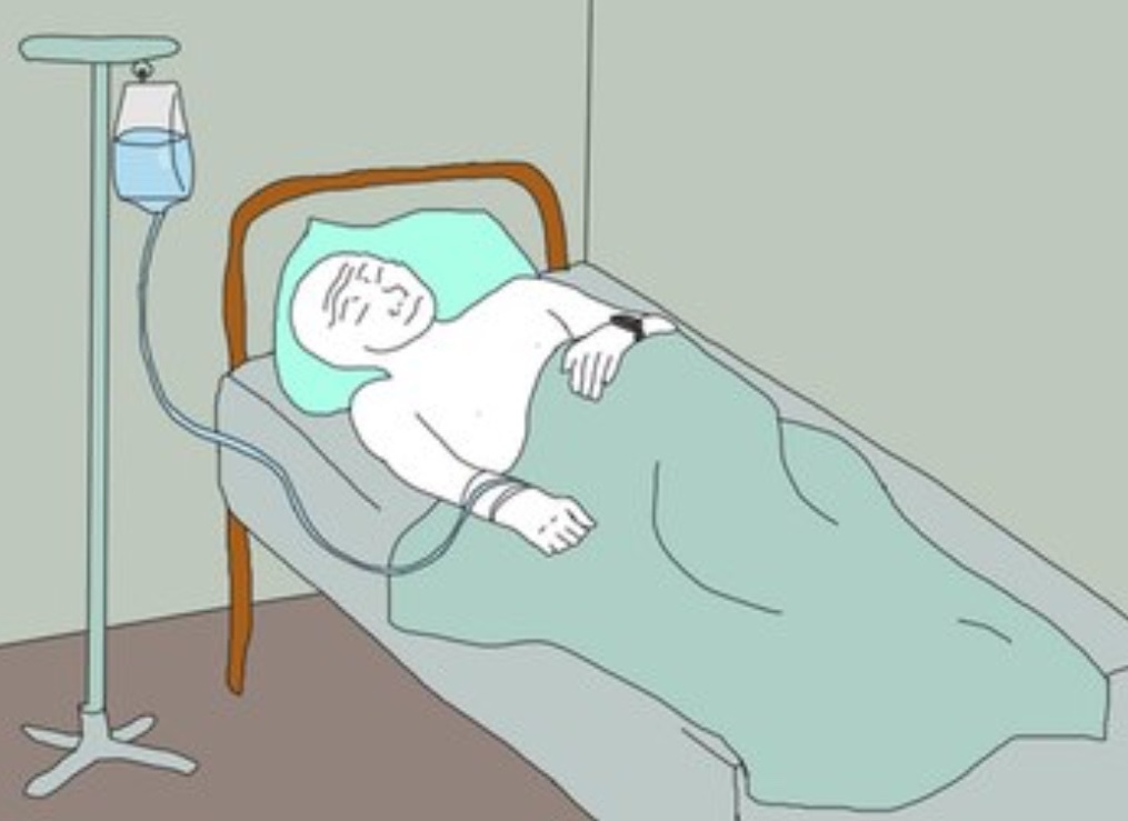 Wojak in hospital bed IV drip — Wojak meme