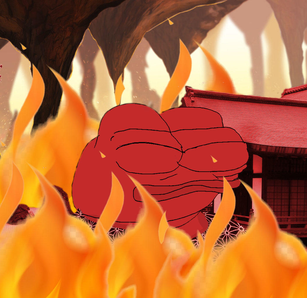 Pepe red on fire in cave hell — Pepe meme