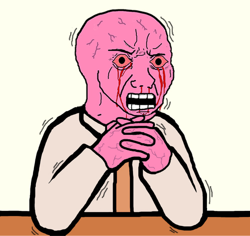 Pink wojak folded hands sitting — Wojak meme