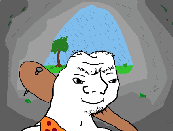 Grug in cave comfy while raining — Grug meme