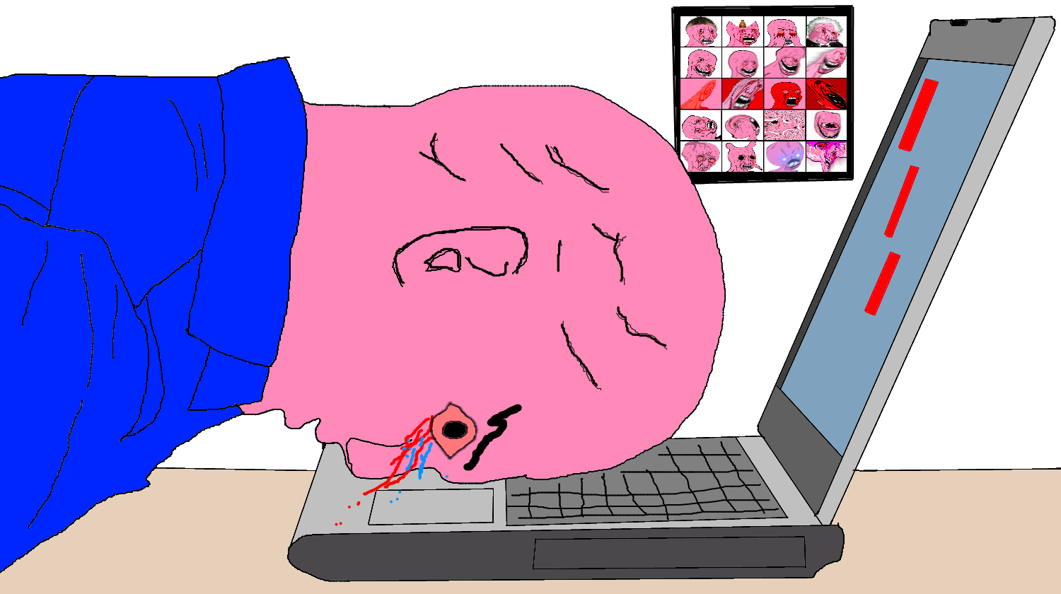 Pink wojak crying slams head on computer — Wojak meme