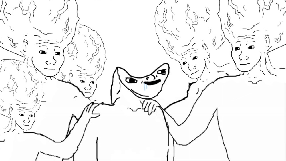 Brainlet comforted by huge brain wojaks — Brainlet meme