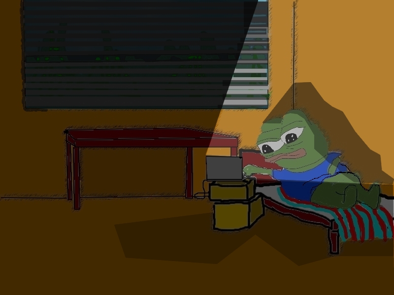 Pepe in bed at night watching laptop — Pepe meme