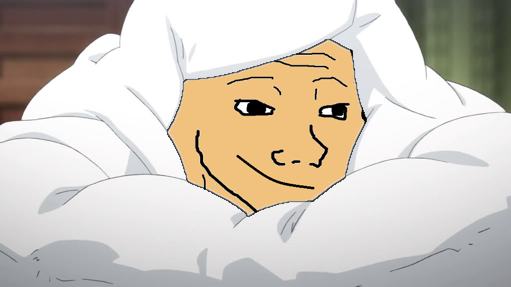 Wojak smiling comfy under blanket — Wojak meme