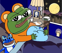 Toshi cat snuggle with pepe in bed — $TOSHI meme
