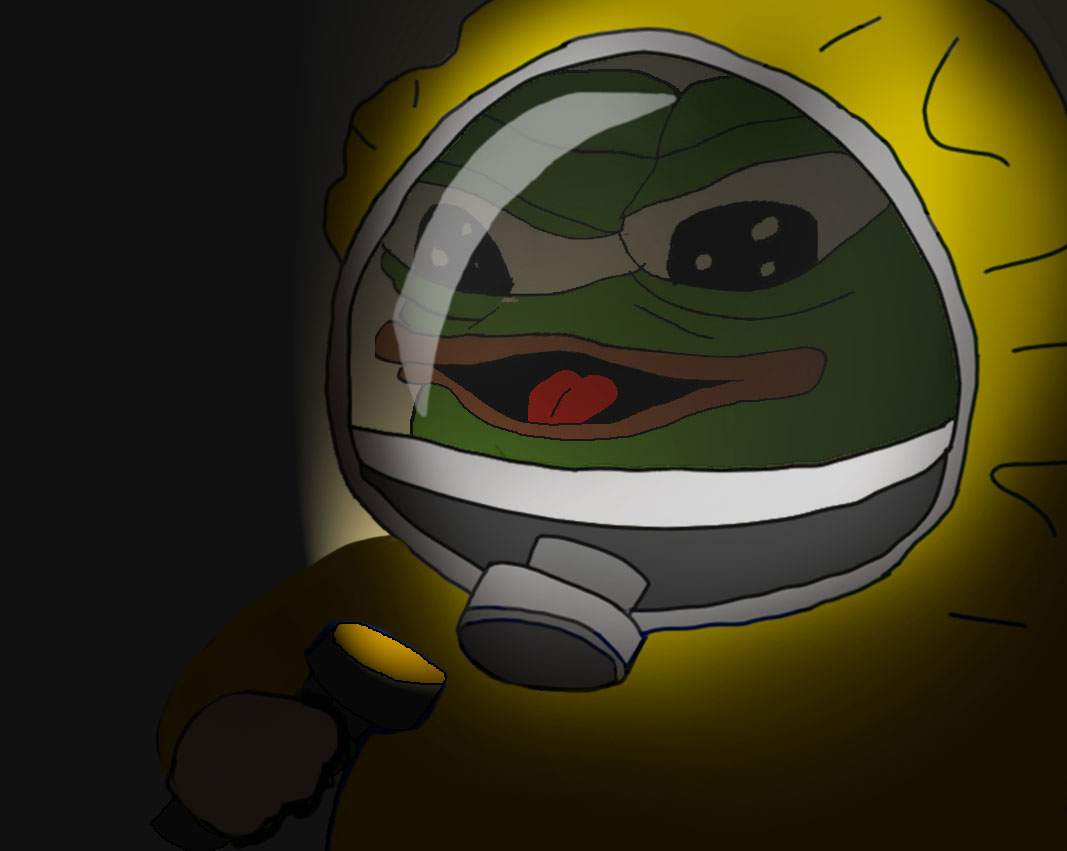 Pepe flashlight hazmat suit closeup — Pepe meme