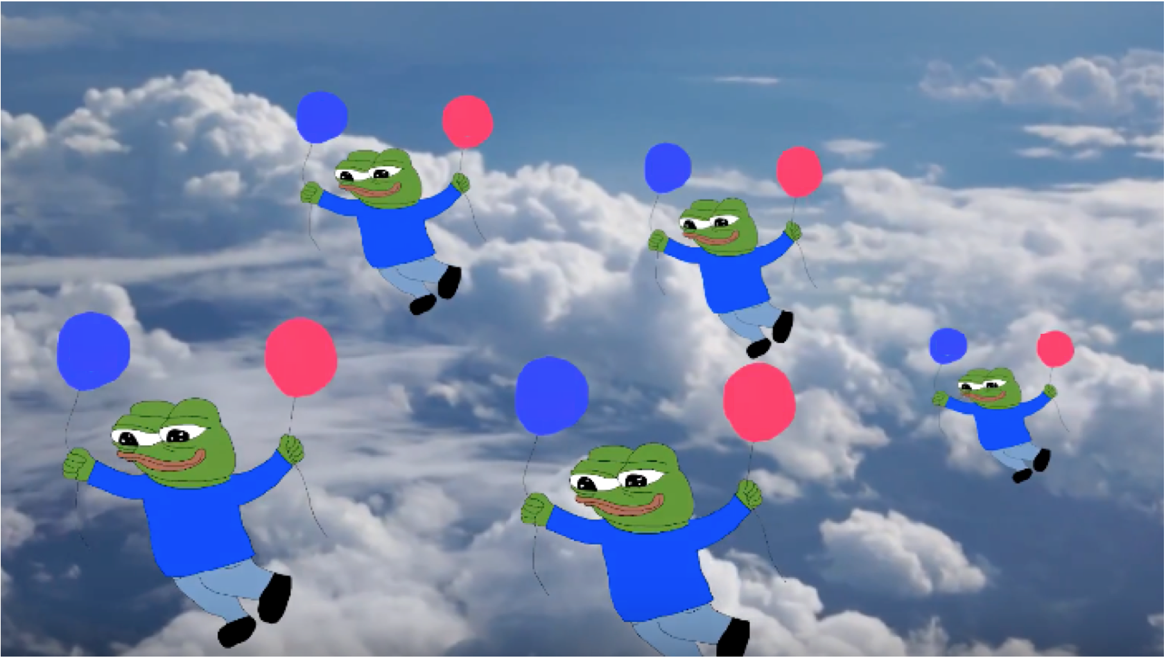 Pepes flying in sky with balloons — Pepe meme