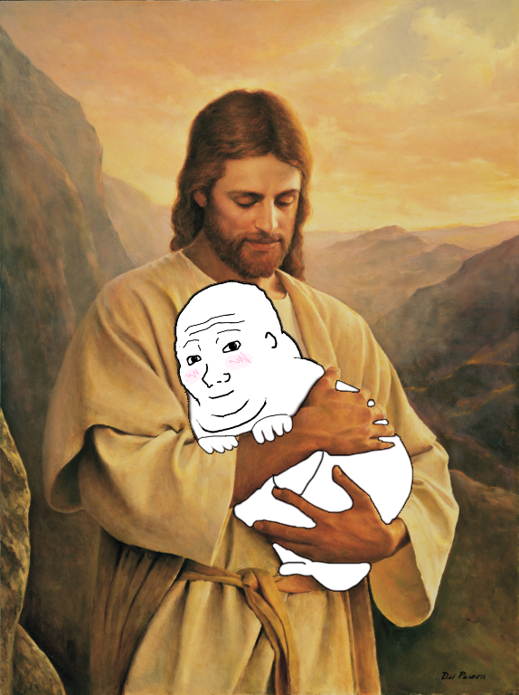 Wojak fat held by jesus — Wojak meme