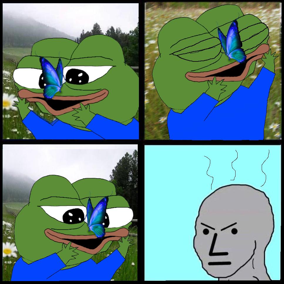 Wojak npc angry with pepe catching butterflys — Wojak meme