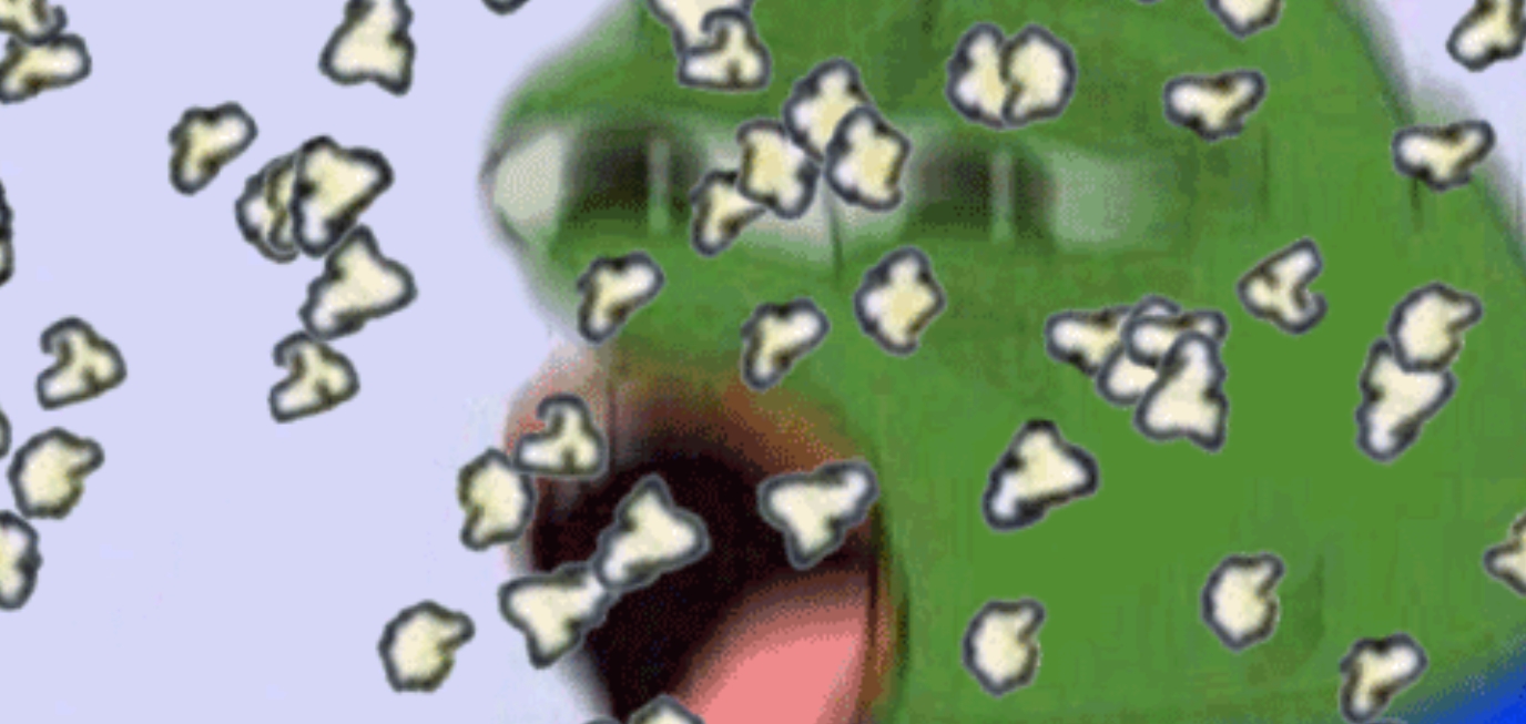 Pepe throwing popcorn closeup — Pepe meme