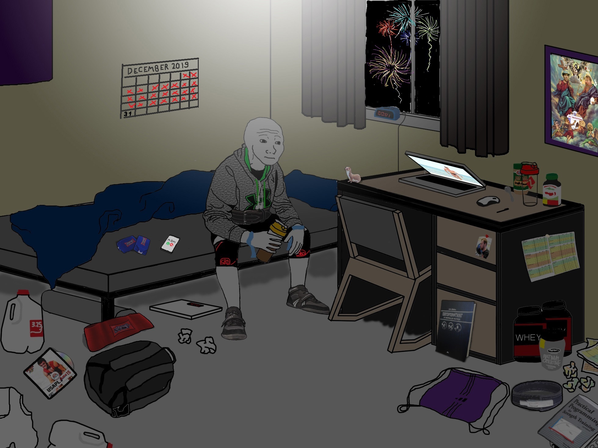 Wojak wannabe powerlifter in room — Wojak meme
