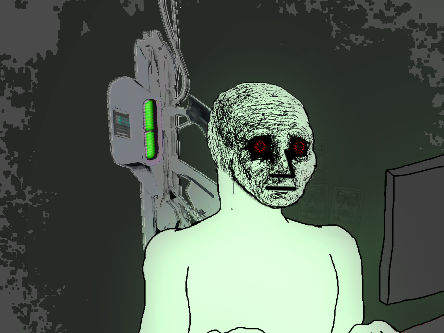 Wojak cyborg jacked into computer — Wojak meme
