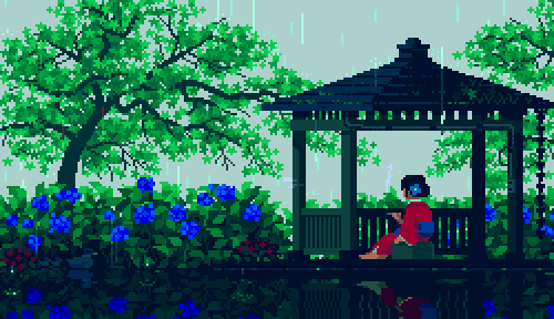 Relaxing japanese raining bit art — Reaction meme